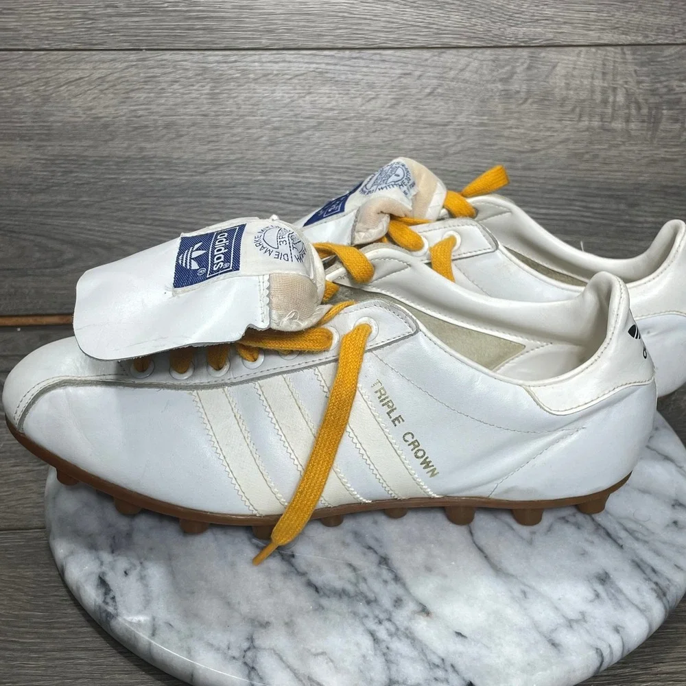 Vintage Adidas Soccer Shoes Mens 8 White Leather Triple Crown Futbol Retro 80s